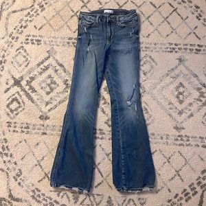 VERVET SIZE 7/28 HIGH RISE DISTRESSED FLARE JEANS MEDIUM WASH STRETCHY